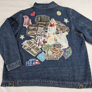 Vtg Appliqué Jean Jacket Jane Elissa Greetings From Denim Trucker 1X